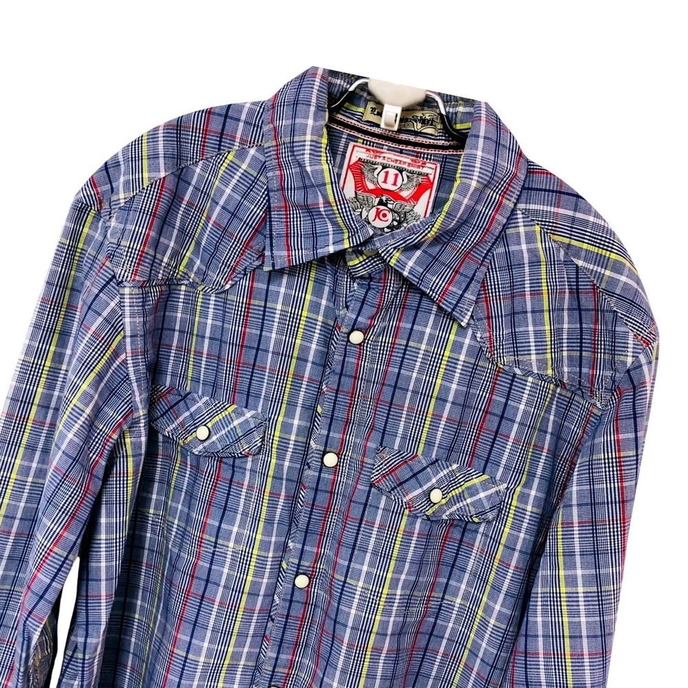 Jachs NY Mens Blue Plaid Pearl Snap Western Shirt Long‎ Sleeve Slim Fit Size M